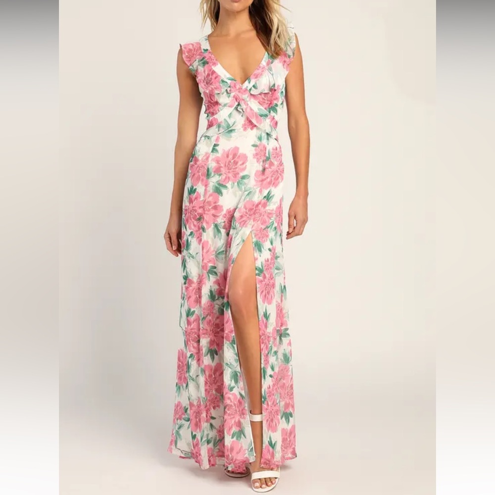Lulus Spring White Floral Print Ruffled Maxi Dress. Size L.
